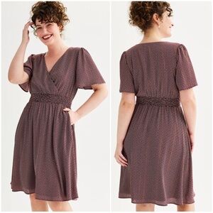 DRAPER JAMES Women Size XL Burgundy Flutter Sleeve Fit & Flare Knee-Length Dress